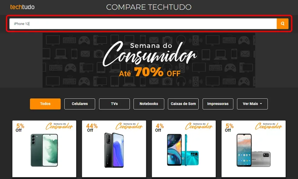 Interface do comparador de preços do TechTudo