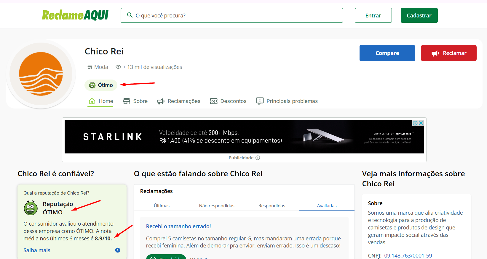 Perfil no Reclame Aqui da Chico Rei