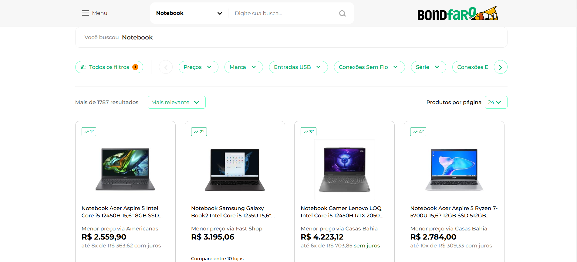 Interface do buscador de preços BondFaro