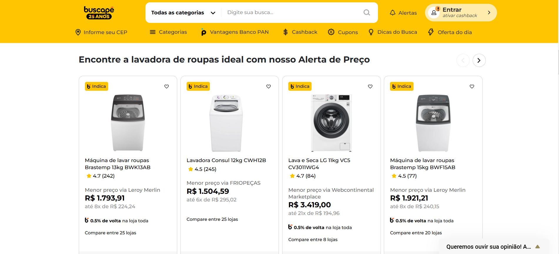 Interface do buscador de preços Buscapé