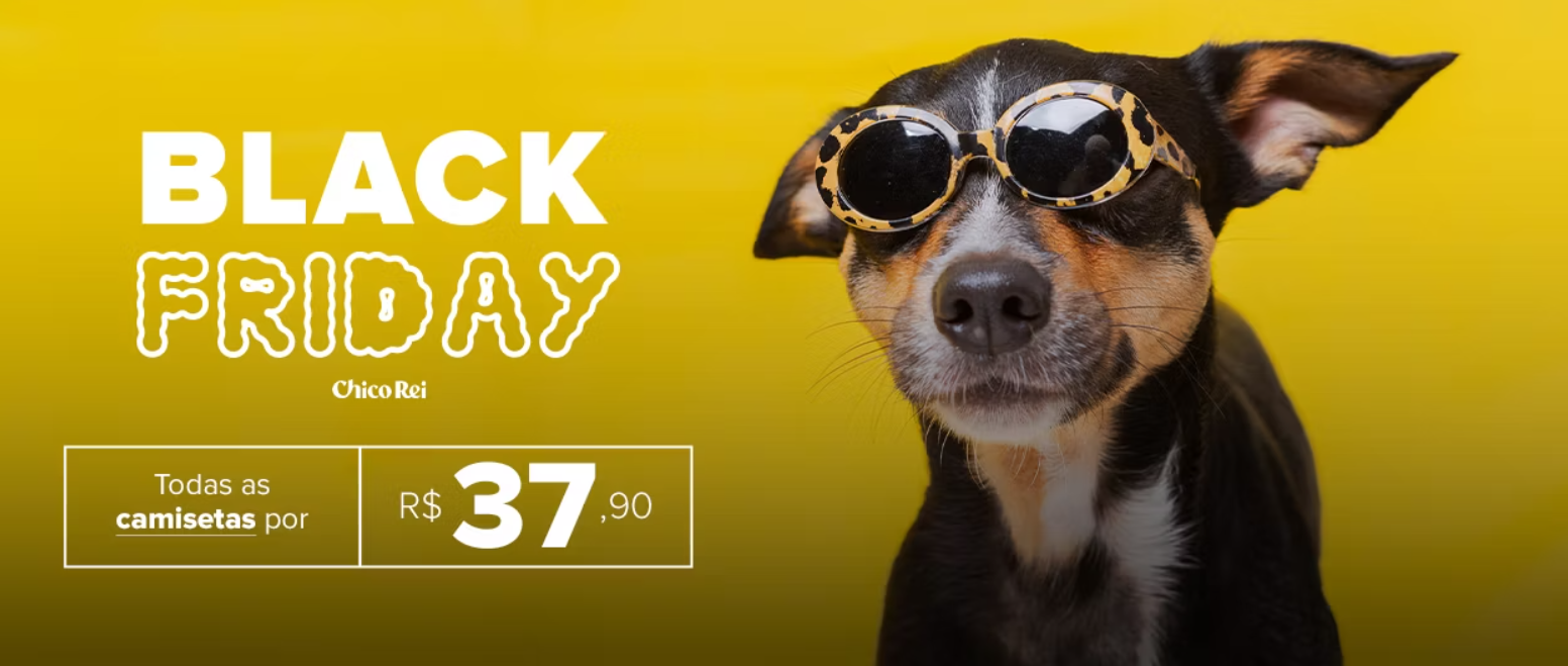 Cachorro preto com óculos de sol amarelo com o texto Black Friday Chico Rei 