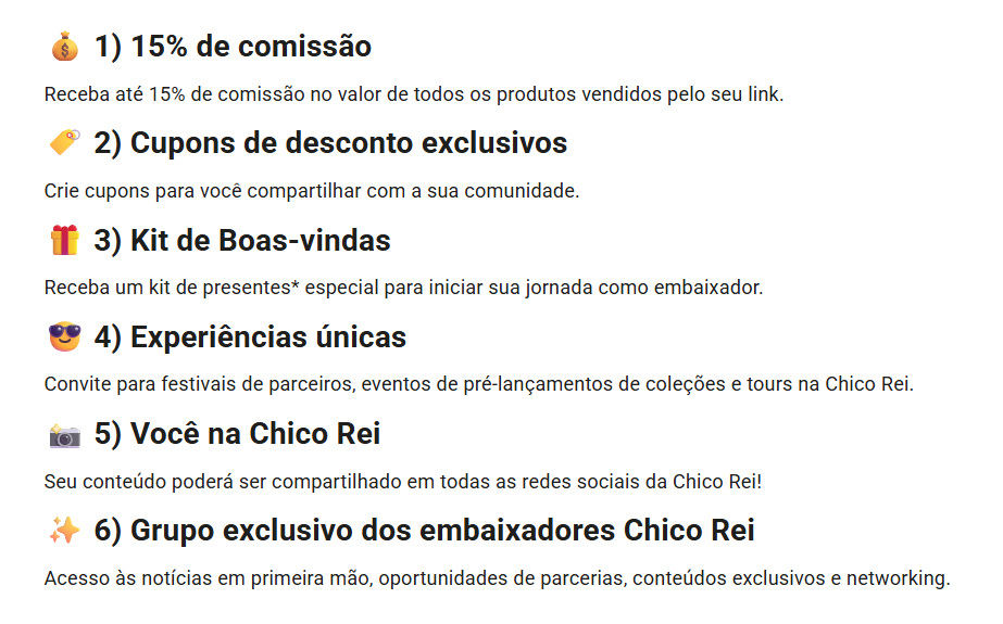 Benefícios do Programa de Afiliados da Chico Rei